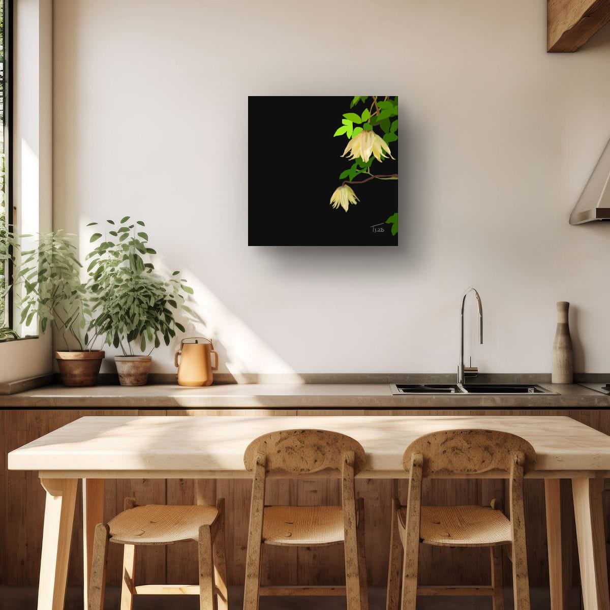 Golden Clematis Tangutica Botanical Canvas Print – White & Noir Editions (50 x 50 cm)