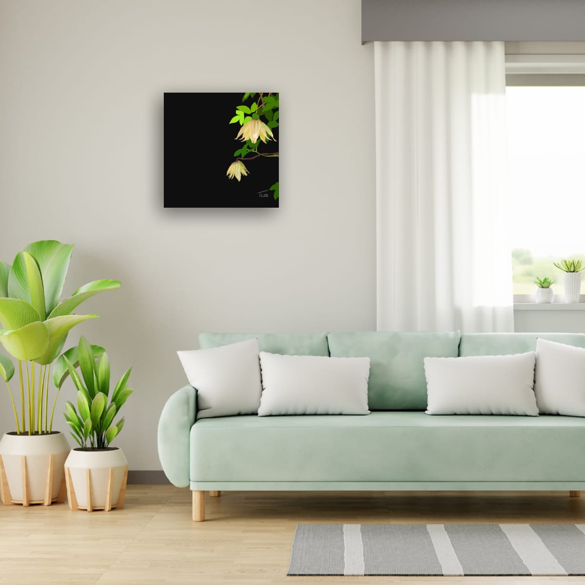 Golden Clematis Tangutica Botanical Canvas Print – White & Noir Editions (50 x 50 cm)