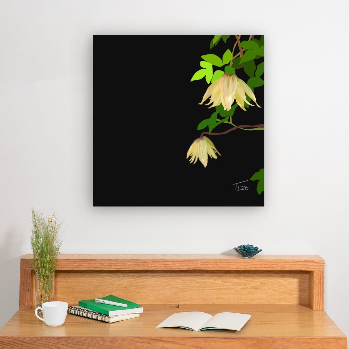 Golden Clematis Tangutica Botanical Canvas Print – White & Noir Editions (50 x 50 cm)