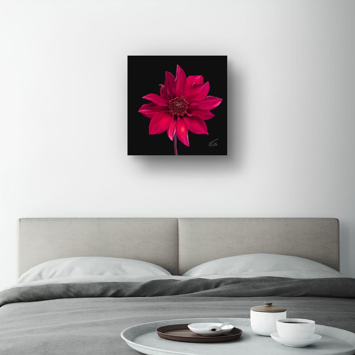 Red Dahlia Premium Canvas Art Print – Botanical Noir & White Editions (50 x 50 cm)