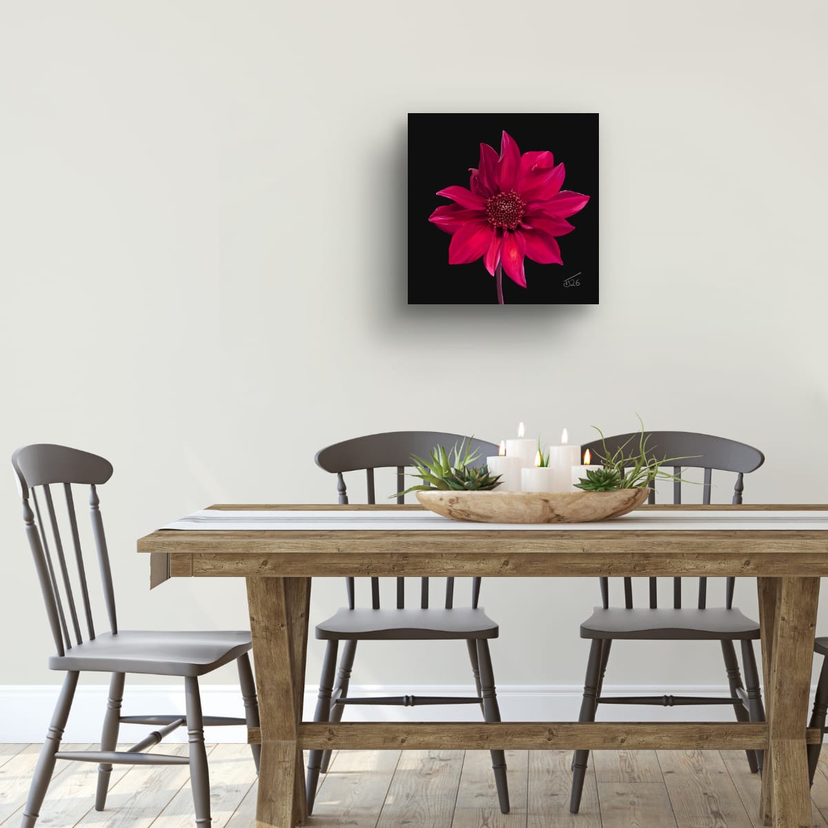 Red Dahlia Premium Canvas Art Print – Botanical Noir & White Editions (50 x 50 cm)