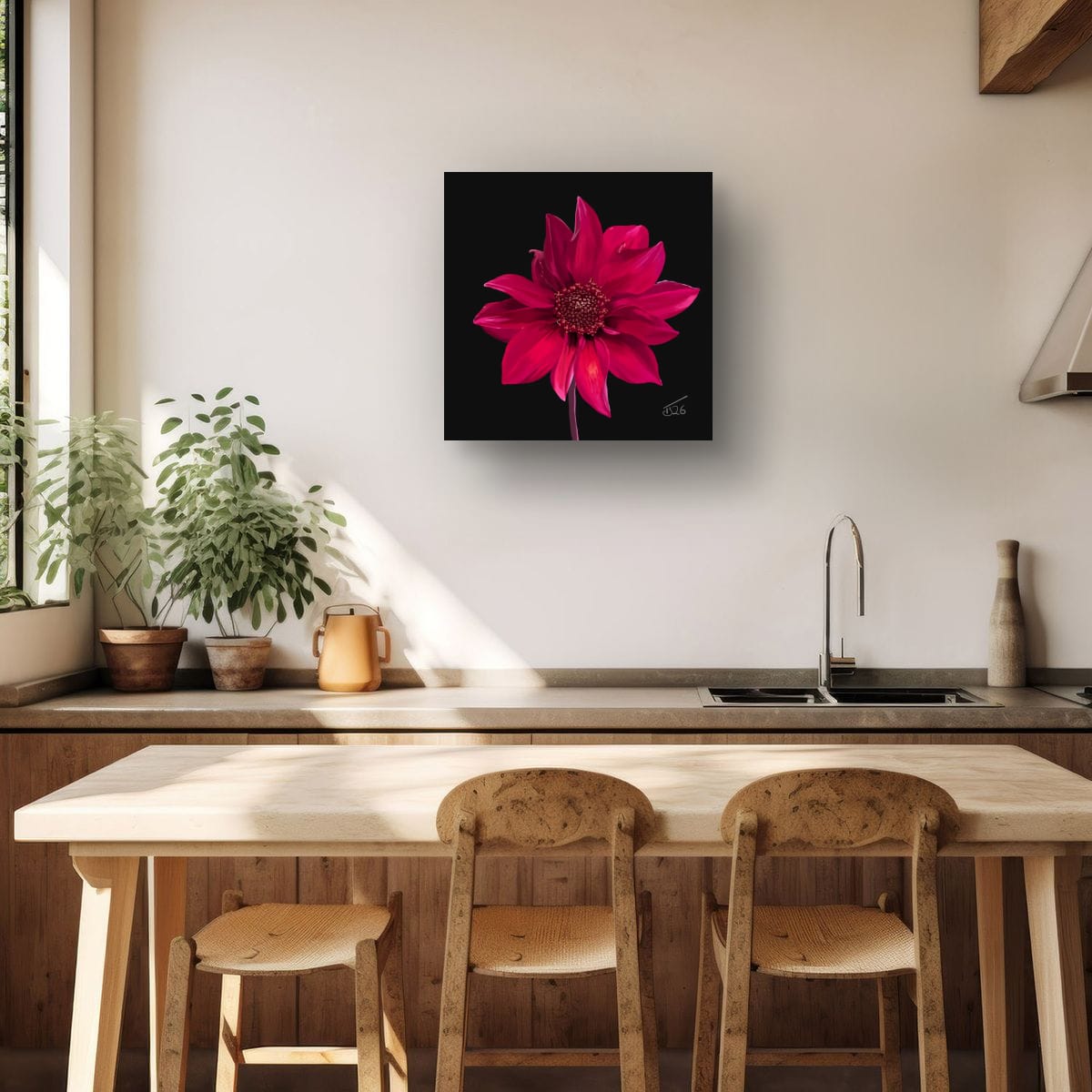 Red Dahlia Premium Canvas Art Print – Botanical Noir & White Editions (50 x 50 cm)