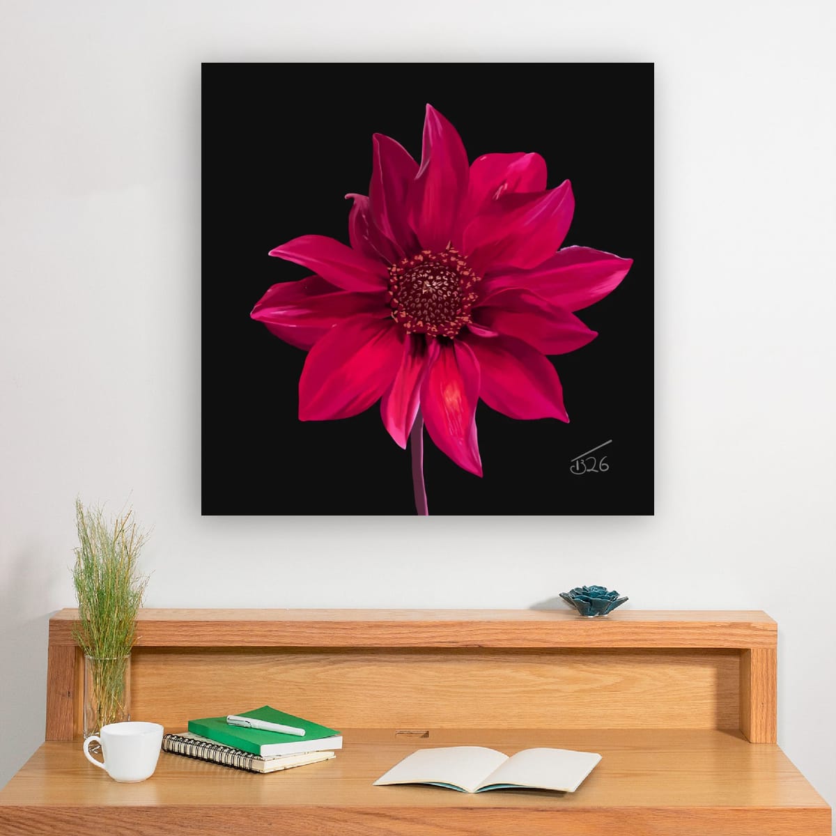 Red Dahlia Premium Canvas Art Print – Botanical Noir & White Editions (50 x 50 cm)