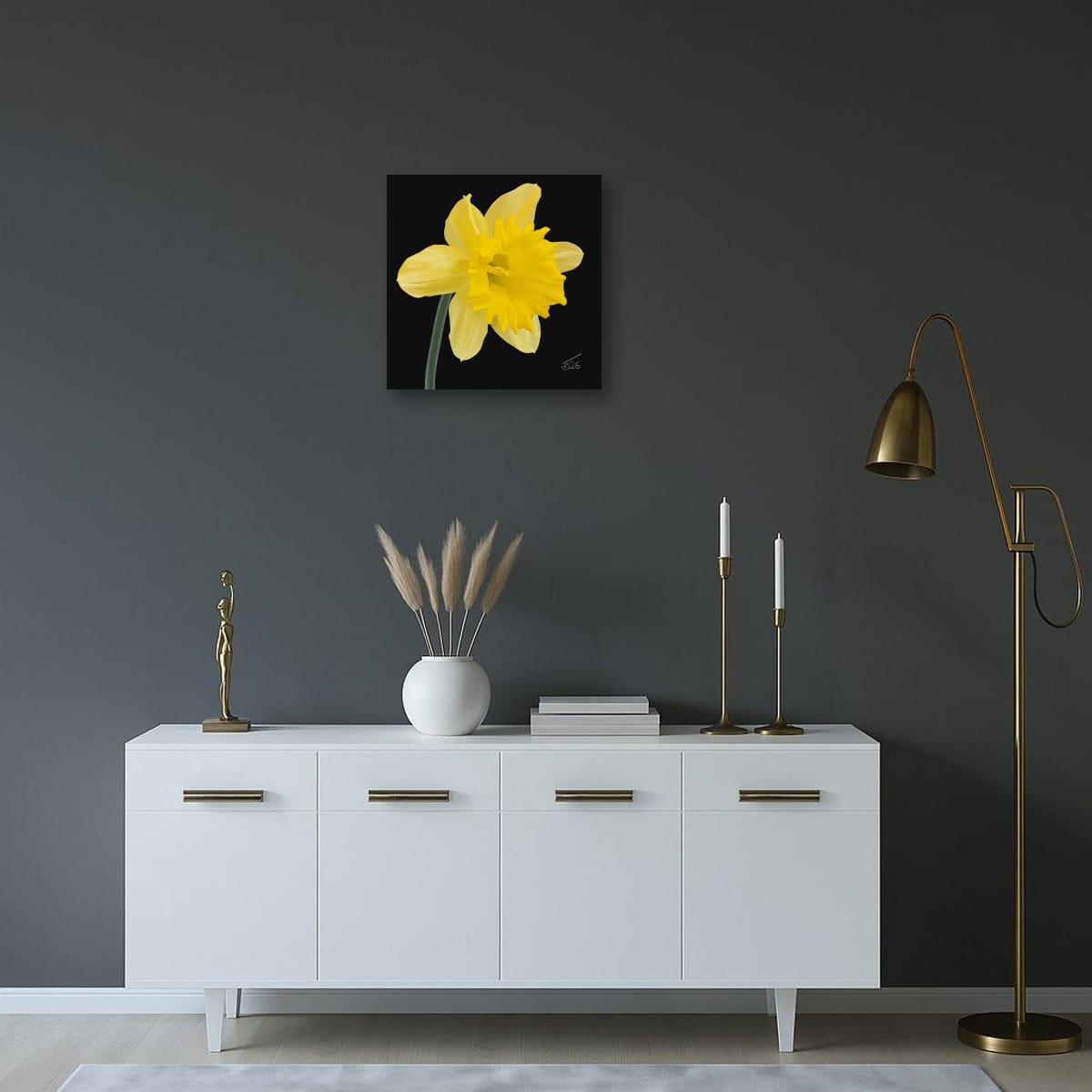 King Alfred Daffodil Premium Square Canvas Wall Art Print - Modern Yellow Floral Botanical