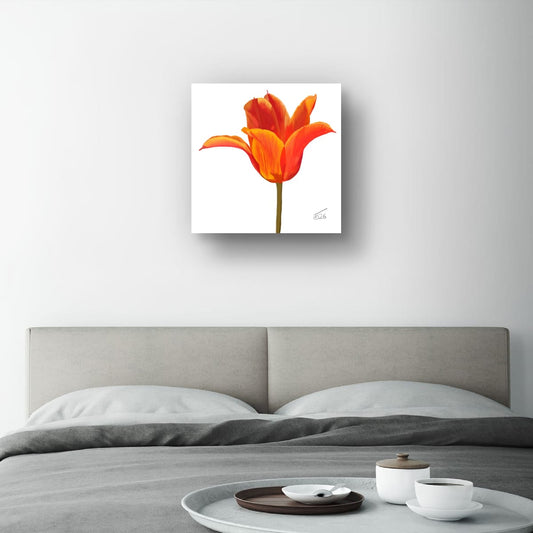 Bedroom with a red tulip painting on the wall above the bed.