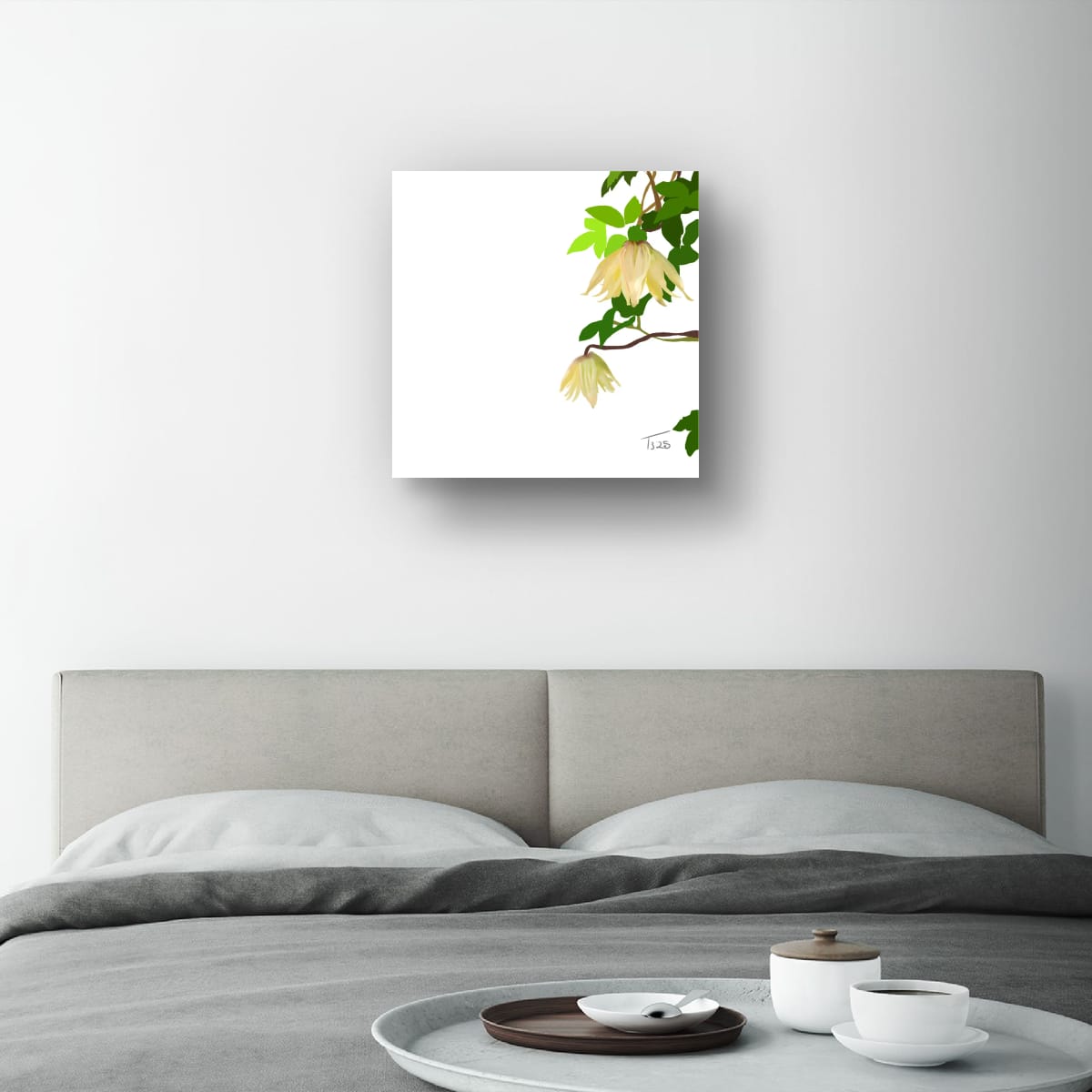 Golden Clematis Tangutica Botanical Canvas Print – White & Noir Editions (50 x 50 cm)