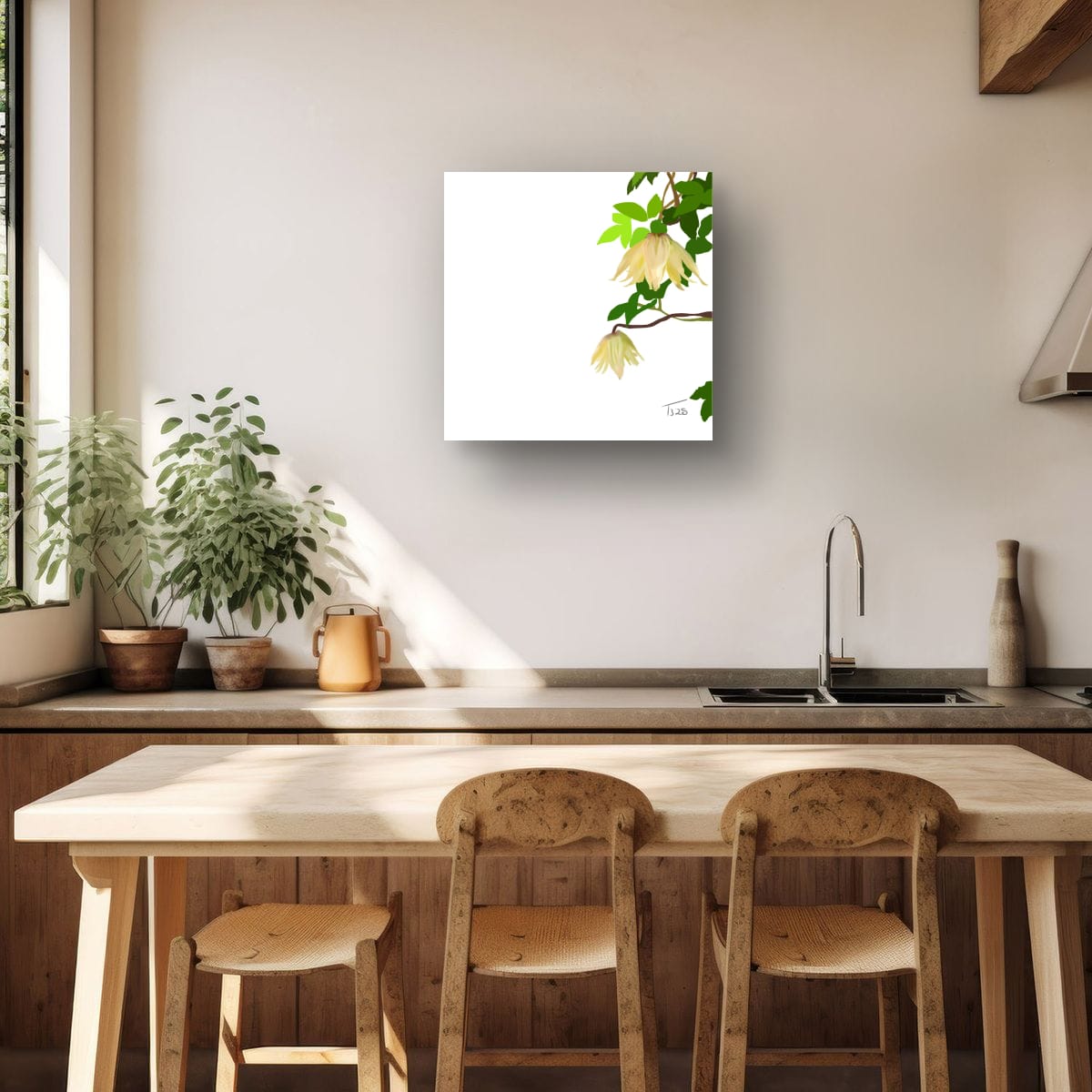 Golden Clematis Tangutica Botanical Canvas Print – White & Noir Editions (50 x 50 cm)