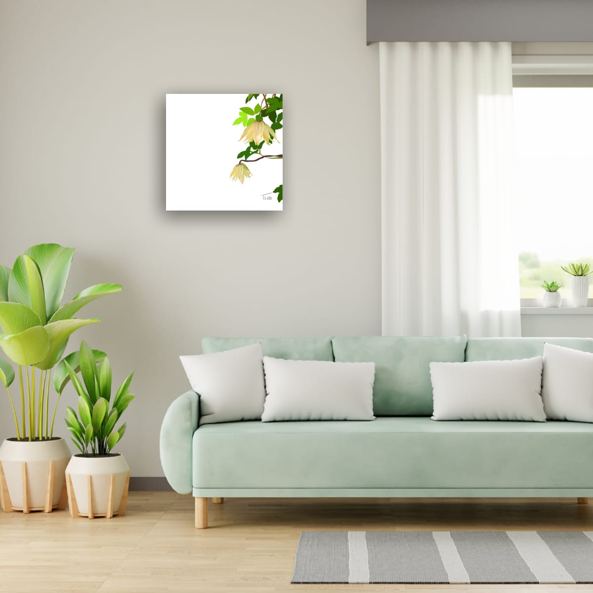 Golden Clematis Tangutica Botanical Canvas Print – White & Noir Editions (50 x 50 cm)