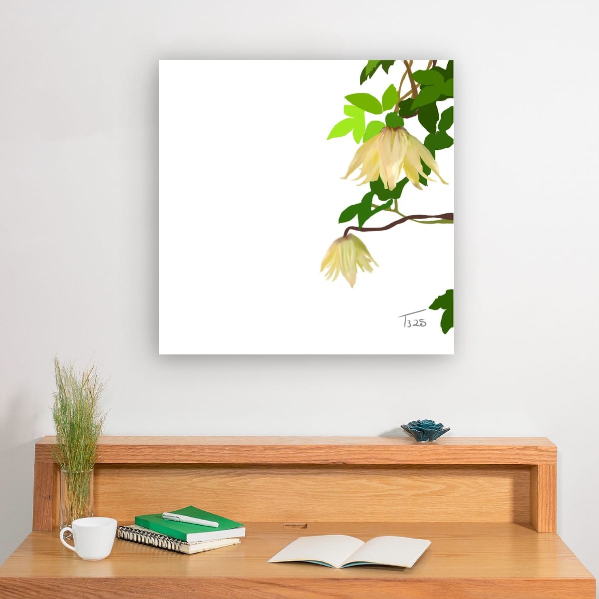 Golden Clematis Tangutica Botanical Canvas Print – White & Noir Editions (50 x 50 cm)