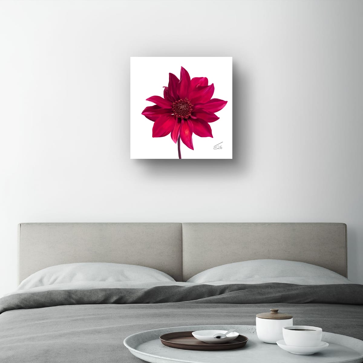 Red Dahlia Premium Canvas Art Print – Botanical Noir & White Editions (50 x 50 cm)
