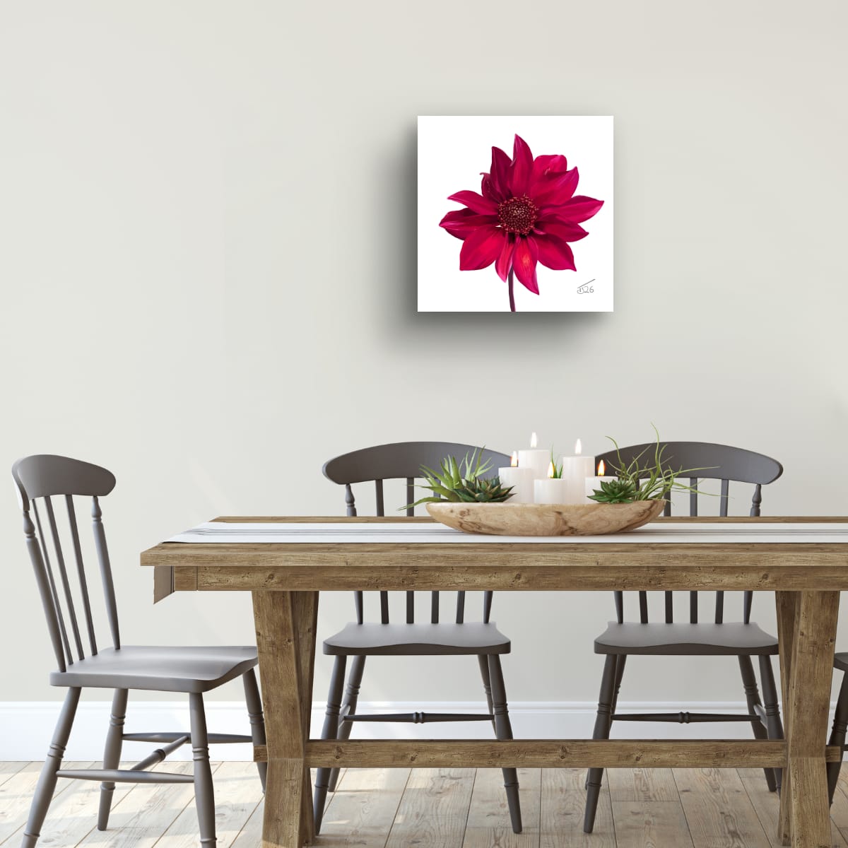 Red Dahlia Premium Canvas Art Print – Botanical Noir & White Editions (50 x 50 cm)