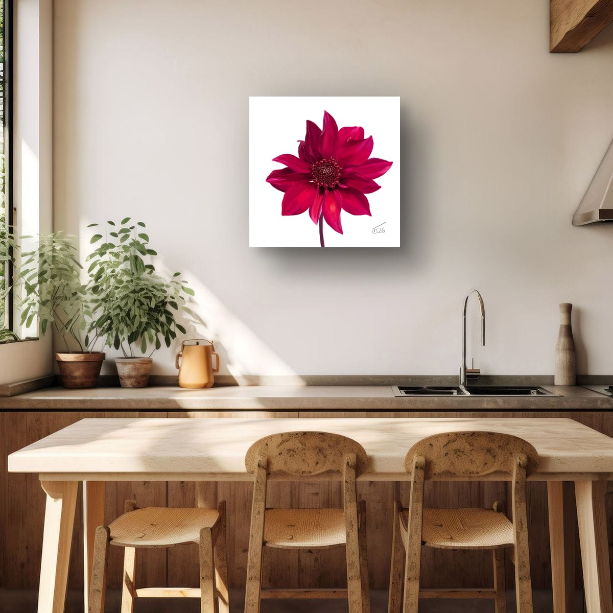 Red Dahlia Premium Canvas Art Print – Botanical Noir & White Editions (50 x 50 cm)