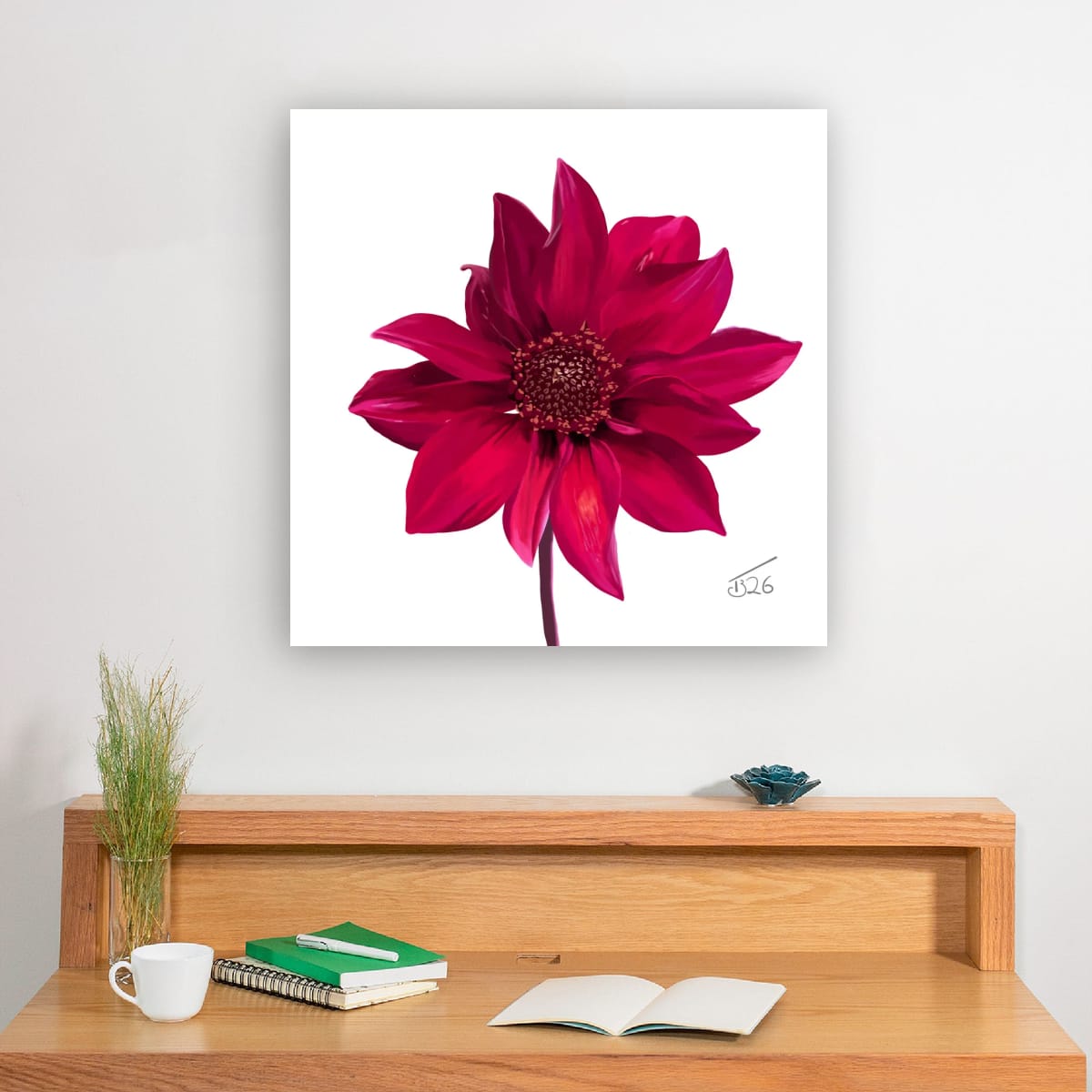 Red Dahlia Premium Canvas Art Print – Botanical Noir & White Editions (50 x 50 cm)